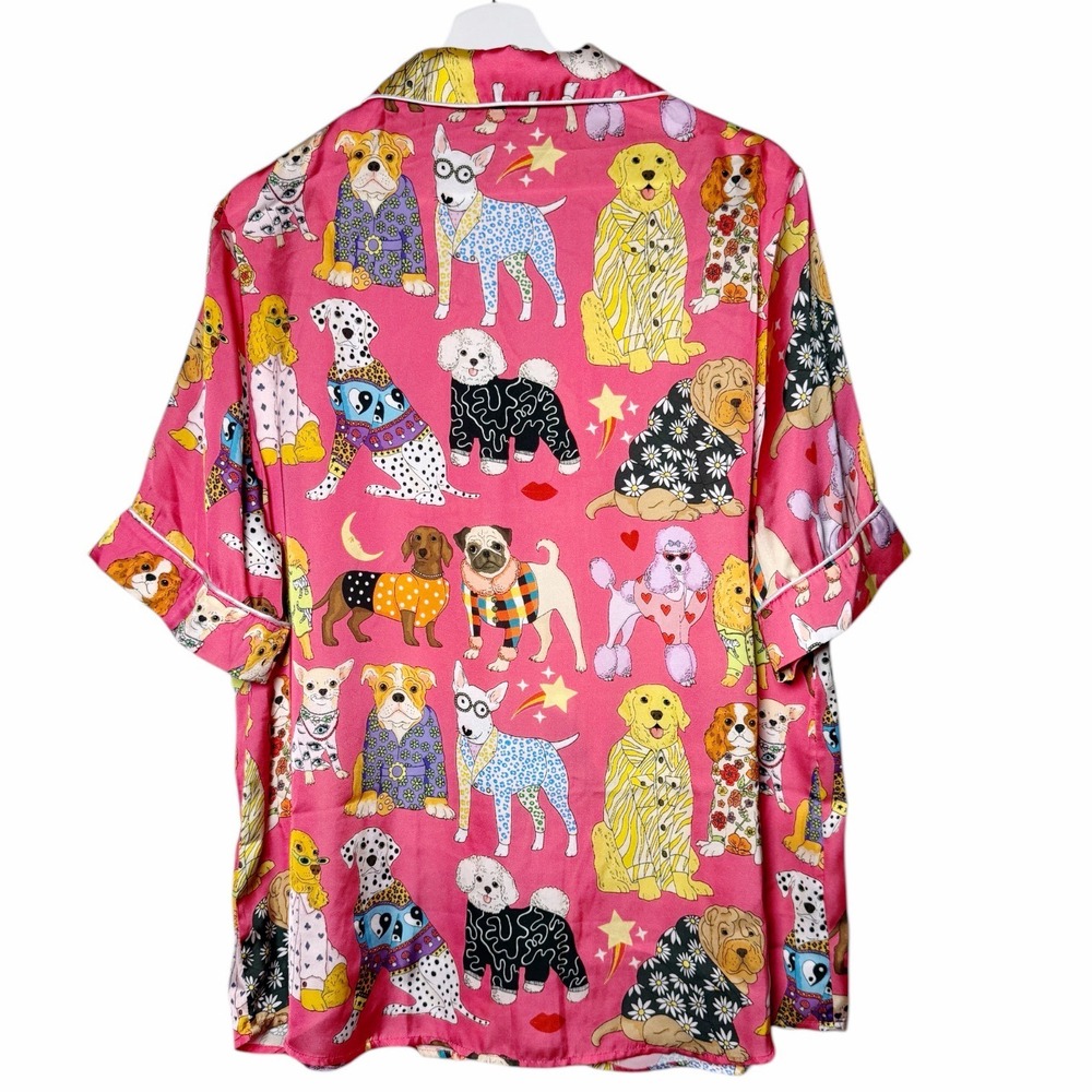 KAREN MABON Fashion Dogs Pink Satin Pajama Set Short Sleeve PJs Size Medium - Picture 3 of 10